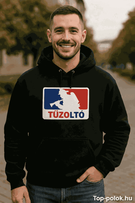 Vicces kapucnis pulóver tűzoltó színes logóval