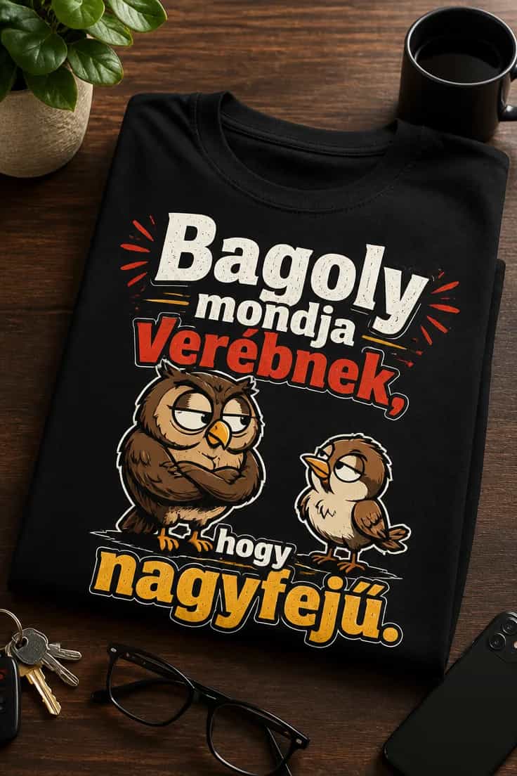 Vicces póló bagoly mondja verébnek, hogy nagyfejű