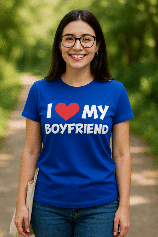 1. Felirat nélküli színes nyomtatott póló, szerelmi üzenettel, kék háttérrel.