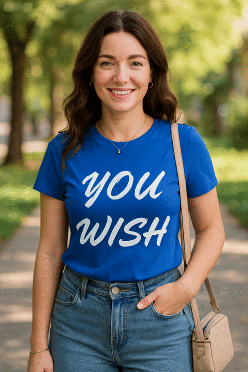 1. Mosolygó nő kék "You Wish" feliratú pólóval, nyári parkban, trendi ruházat, divat, utazás, szelfi.