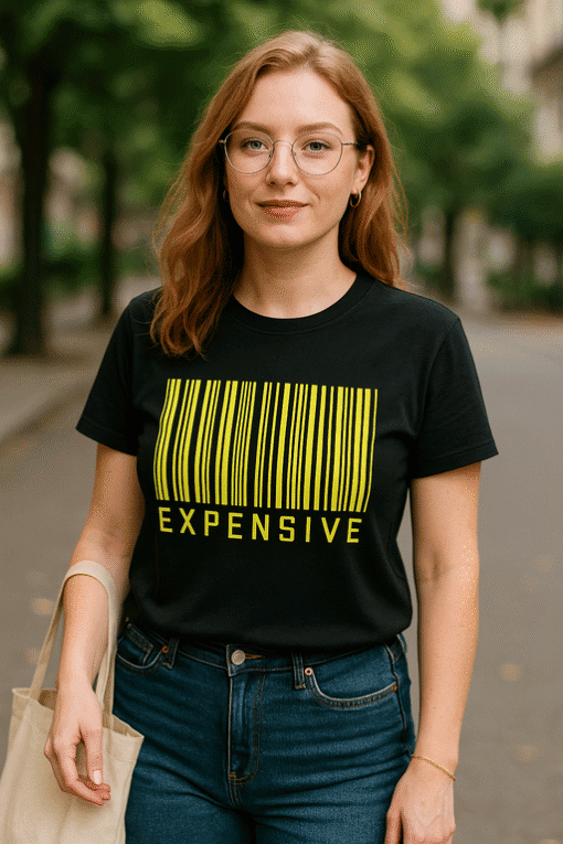 Feliratos grafika tépőzáras pólón, trendi streetwear divat kék farmerrel, városi környezetben, fiatal nő portré.