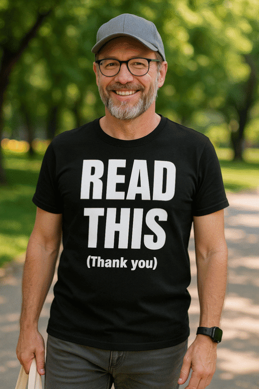 1. Fiatal férfi napsütéses parkban, olvasószemüveges, vidám arccal, nyári ruhában, szürke sapkában.