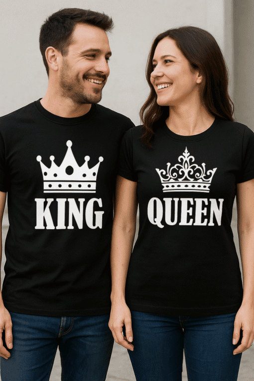 Király és királynő feliratos páros póló, divatos esküvő vagy születésnap ajándék.