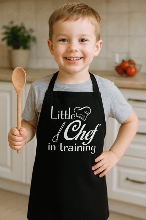 Kisfiú szakácssapka és apróság, mint egy igazi chef receptkészítő.