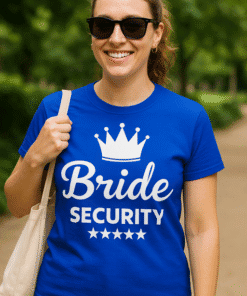 1. Női "Bride Security" feliratos kék póló, esküvői biztonsági ruházat.