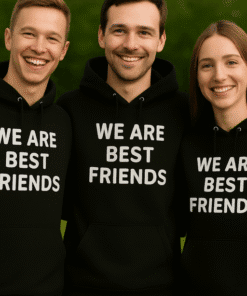 We are best friends feliratú fekete kapucnis pulóverek, fiatal barátok mosolyognak a természetben.
