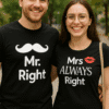 1. Pár humoros póló, Mr. Right és Mrs. Always Right, nyomtatott kedves üzenetek.