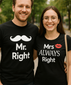 1. Pár humoros póló, Mr. Right és Mrs. Always Right, nyomtatott kedves üzenetek.