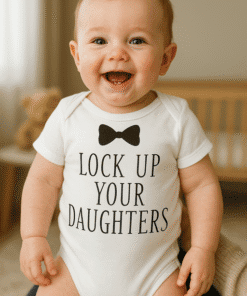 - Életres kisfiúnak, ami humoros, feliratozott baba öltözet, "Lock Up Your Daughters" felirattal, aranyos és játékos.