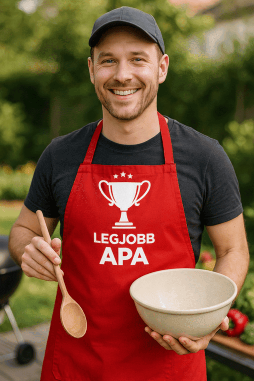 Legjobb APA feliratos szakács kötény, aközvetlenül a szabadban, grillezés közben.