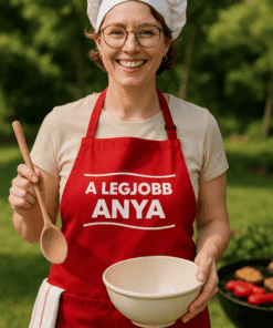 1. Szabadtéri főzőnő, kertben, főzősapka, vörös kötény, jókedvű, grillezés, kertészkedés.