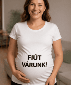 Fehér futó póló nőknek, "FÚT VÁRUNK" felirattal, kényelmes és stílusos sportviselet.