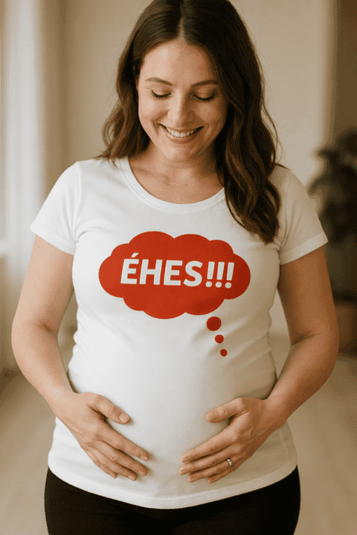 Éhes kifejezés terhes nőtájképen, boldog várandóság, életmód, anyaság téma, Top-polok.hu.