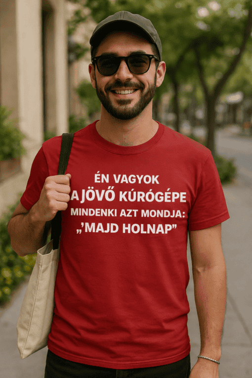 Férfi divatos póló, jövő kúrógépe felirattal, városi környezetben, szett és stílus inspirációs célokra.