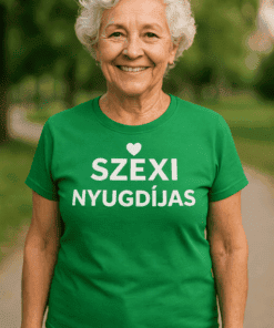 1. Potrózószívű idős nő, zöld pólóval, természetes környezetben.