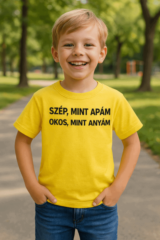 Nagymama és nagypapa kedves felirattal ellátott gyermek póló, vidám színű, parkban.