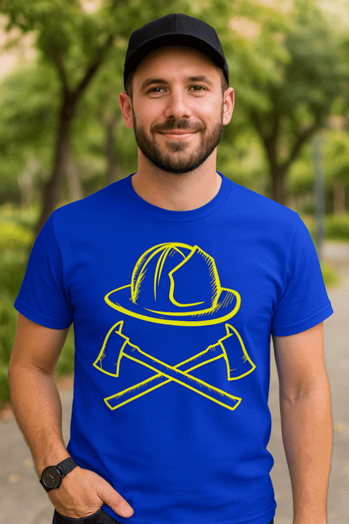 Kőműves színű, építőipari mintázatú póló, kiváló minőség, kényelmes viselet.