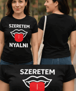 Szívhez szóló szerelmes póló, humoros arc és nyelv motívummal, jó ajándék ötlet pároknak.