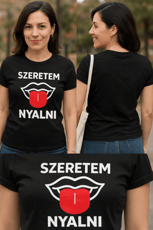 Szívhez szóló szerelmes póló, humoros arc és nyelv motívummal, jó ajándék ötlet pároknak.
