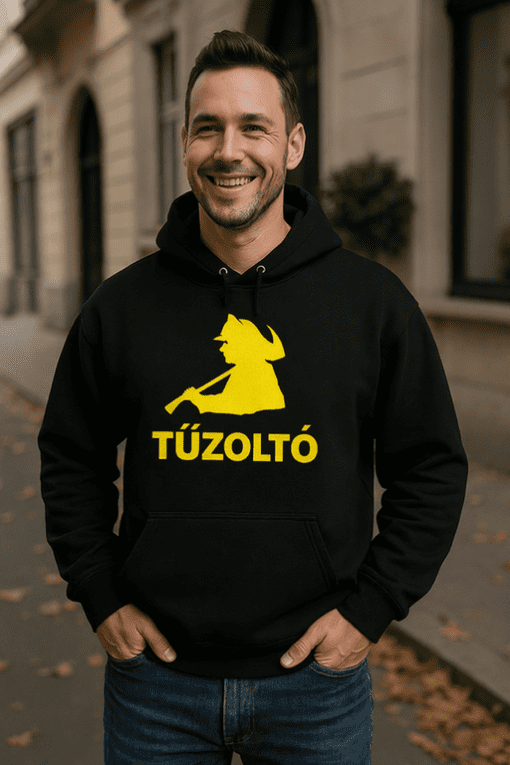 Fekete pulóver tűzoltó unikornissal, figyelmeztető felirattal, utcai viselet.