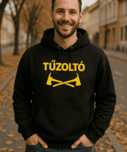 Tűzoltó pulóver, hétköznapi viselet, felirattal és ikonikus tűzoltós with an axe design.