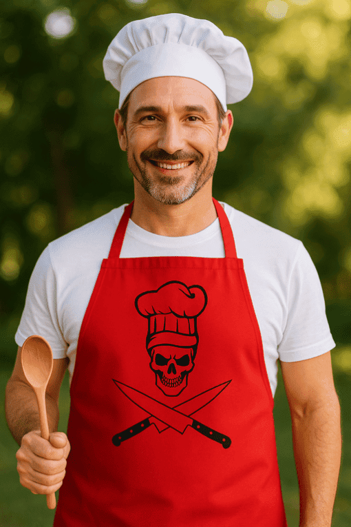 Ruhás szakács sapka és vörös kötény, jókedvű fiatal férfi kültéri háttérrel.