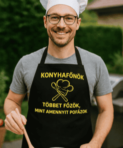 Fakanalas szakács barát éttermi konyhában, mosolyogva, konyhai uniformisban, háttér zöld növényekkel.