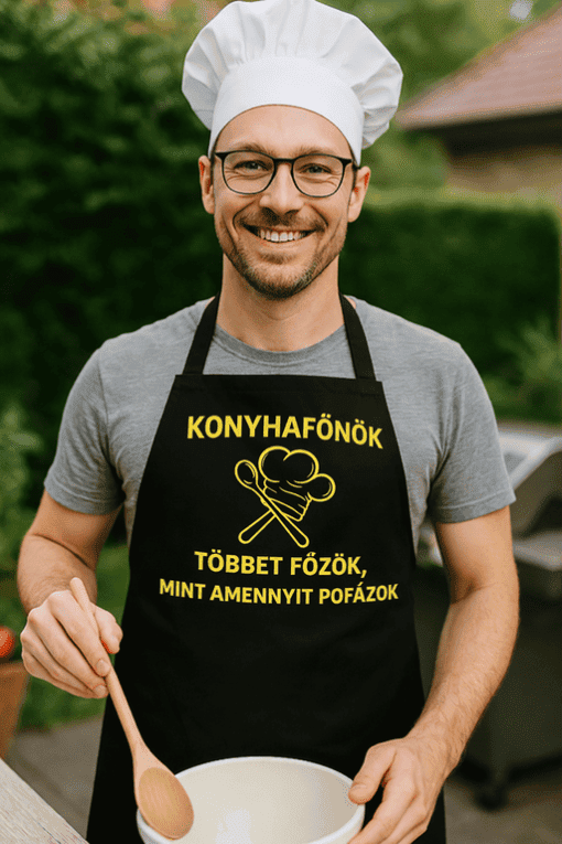 Fakanalas szakács barát éttermi konyhában, mosolyogva, konyhai uniformisban, háttér zöld növényekkel.