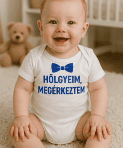 Boldog baba sapkás ruhában, mosolyogva, otthoni környezetben, aranyos kiságy és teddy hátterében.