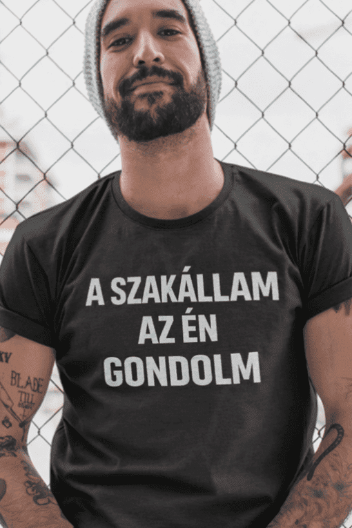 1. férfi póló a szakalom az én gondolatom feliratával, street style.