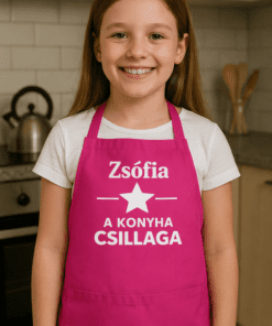 Világos, mosolygó kislány főzőköpenyben, egyedi névvel.