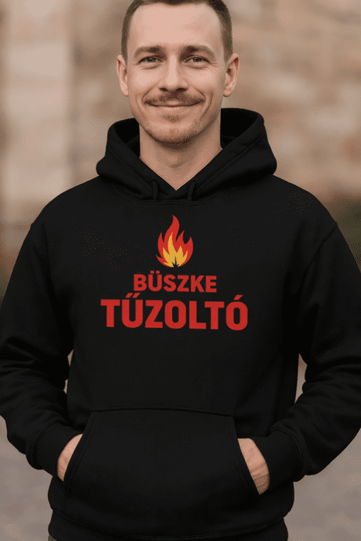 Büszke tűzoltó feliratú fekete kapucnis pulóver, kiváló minőségű munkaruházat.