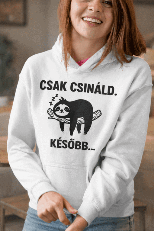 Csak csináld, később vicces feliratos pulóver, szőrös kutya rajza, humoros ajándék, cicomás melegítő, kényelmes ruha, Top-polok.hu.