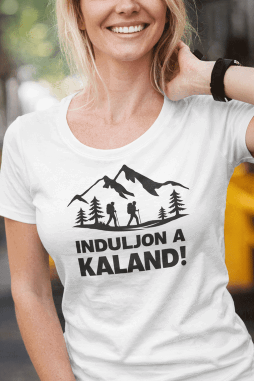 Aktárgép és síkép kivitelű póló, hegyi túra motívummal, természetbarát design.