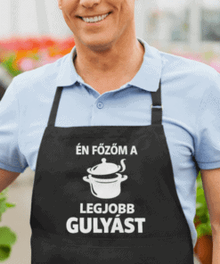 Sütőtököt főző ember fekete kötényben, humoros felirattal magyar nyelven.