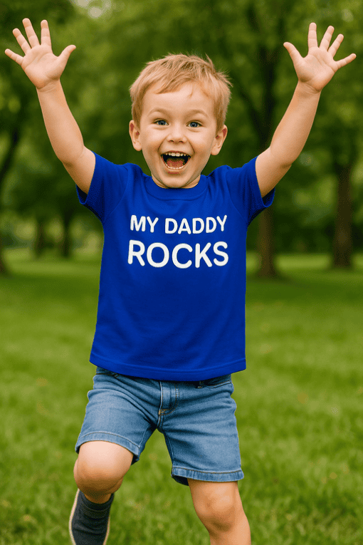 Vidám kisfiú játszik a szabadban, kék pólóban, "My Daddy Rocks" felirattal.