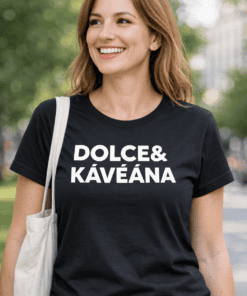 DOLCE & KÁVÉÁNA feliratú női póló, divatos streetwear stílusban, városi környezetben.