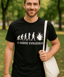 Az emberi evolúció és a dobos szimbólum egyedi grafika a pólón.