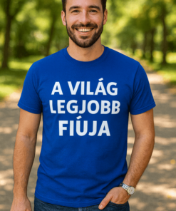 A TÖKÉLETES Férfi póló, kék színnel, felirattal "A világ legjobb fiúja".
