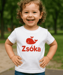 BIZTONSÁGOS gyermekruházat, vidám kisfiú a parkban, Zsóka feliratú pólóban.