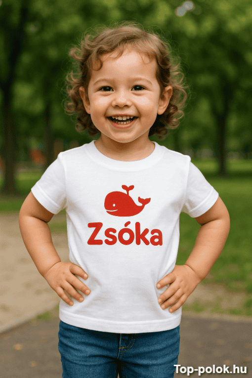 BIZTONSÁGOS gyermekruházat, vidám kisfiú a parkban, Zsóka feliratú pólóban.