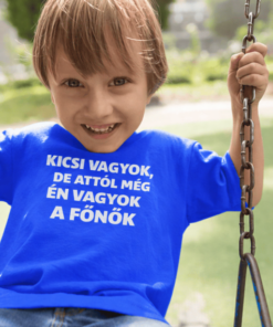 Kicsi fiú játszik az udvaron, kék pólóban, mosolyogva, szülői támogatással.