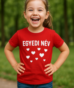 Egyedi név feliratú gyermek póló, vidám kislány játszik parkban.