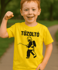 Tűzoltó jelmezben játszó gyermek, jelképesen mutatva a tűzoltói szerepet.