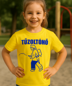 Tűzoltó jelmez gyerekeknek, vidám kislány játék közben, parkban.