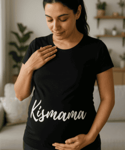 Anyám kismama feliratos fekete póló, boldog várandós nő a nappaliban.