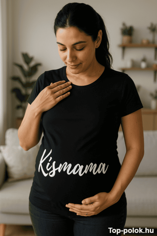 Anyám kismama feliratos fekete póló, boldog várandós nő a nappaliban.