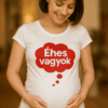 Édes vagyok felirat a terhes nő pólóján, boldog várandós kismama.