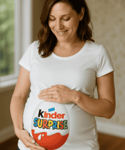 Kinder Surprise tojás a terhes nő hasán, boldog várakozás.