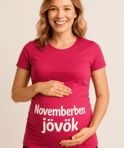 Bézs háttér előtt álló mosolygó nő, aki egy pink pólón viseli a "Novemberben jövök" feliratot.